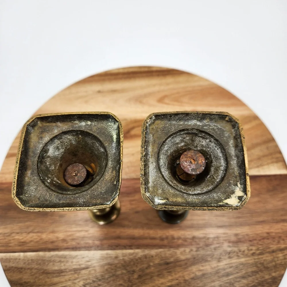 VTG Solid Brass Beehive Candlestick Holders Pair Square Base 6.75